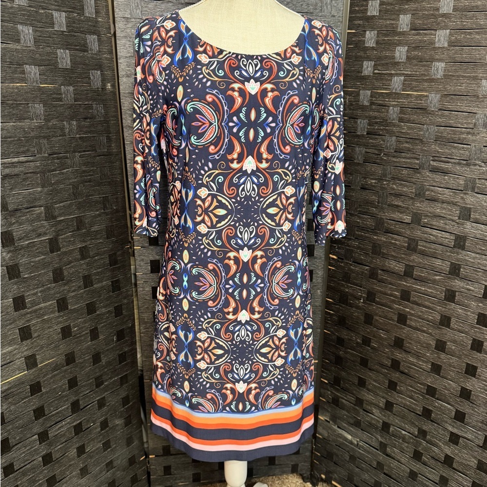 Vince Camuto Navy and Orange Long Sleeve Shift Dress